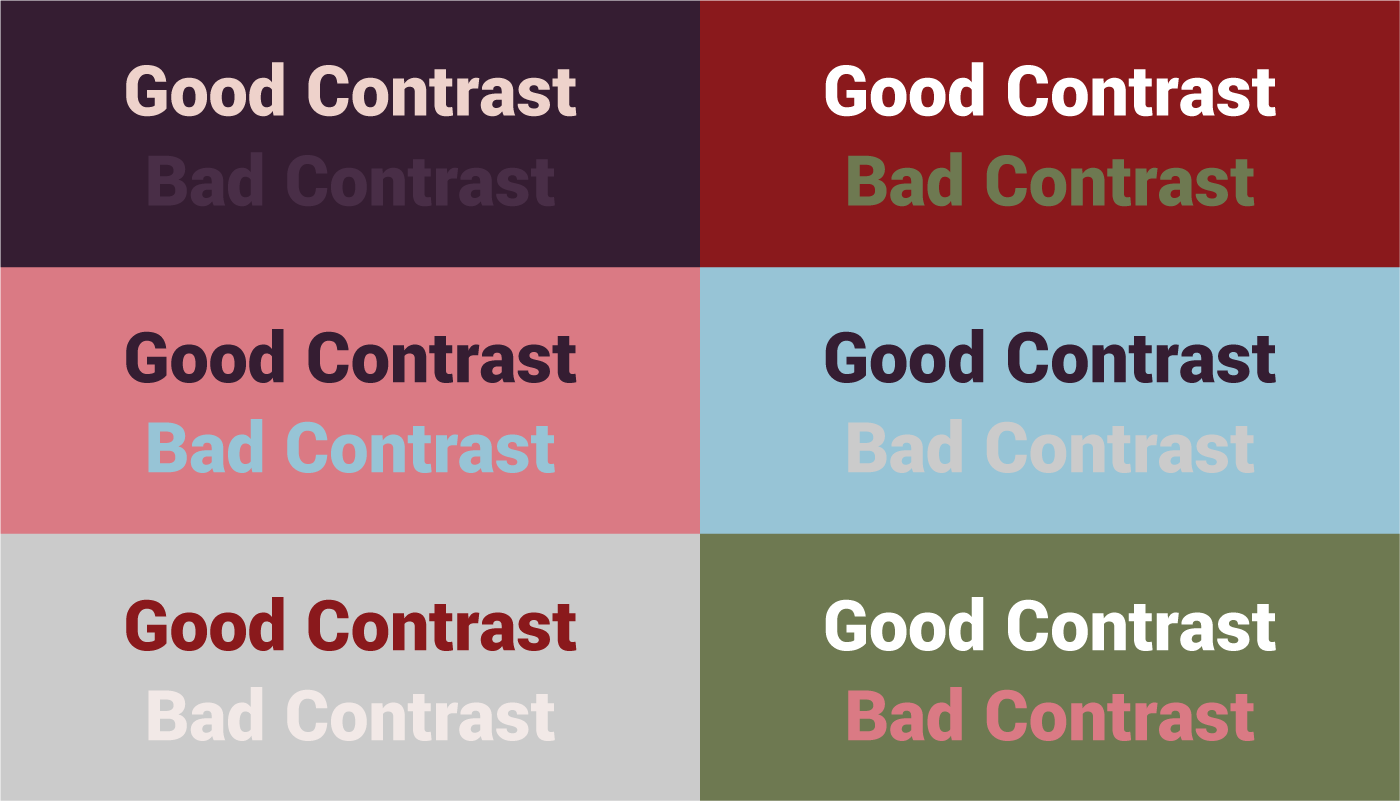 chart showing which colors have good contrast and bad contrast when placed together