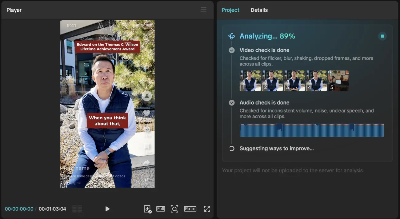 CapCut's AI video checker performing an analysis on steadiness, sharpness, and audio quality