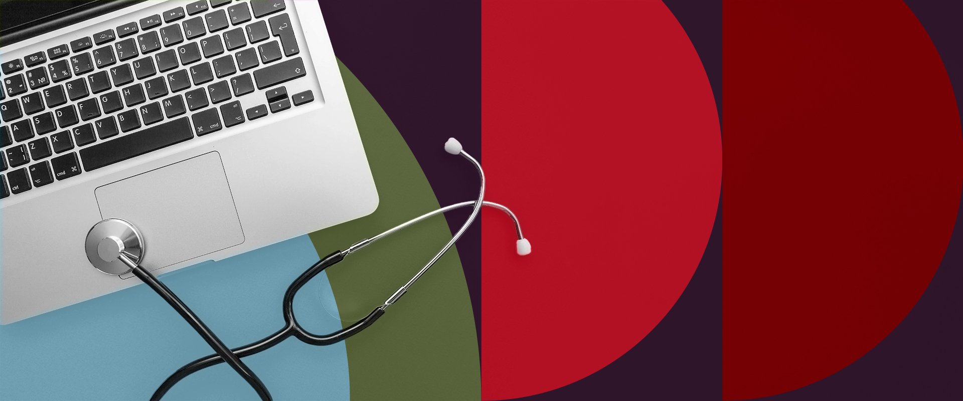 Mac laptop with stethoscope, red and purple Estipona Group graphic background