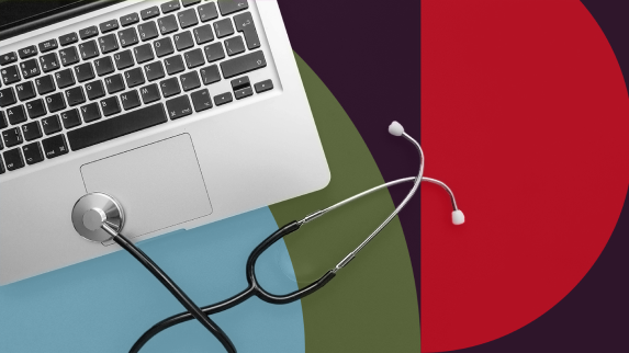Mac laptop with stethoscope, red and purple Estipona Group graphic background