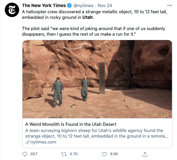 Tweet from New York Times about Utah Monolith