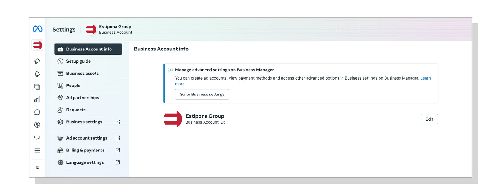 An image that shows the business settings in Meta Business Manager where Business Account Info is highlighted. 