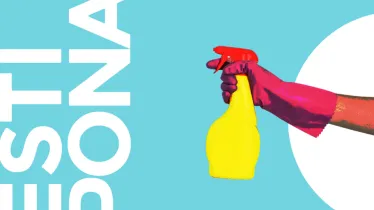 Bright blue background with a drawing of someone's hand in a pink latex glove, holding a yellow spray bottle, and the word Estipona in capital letters